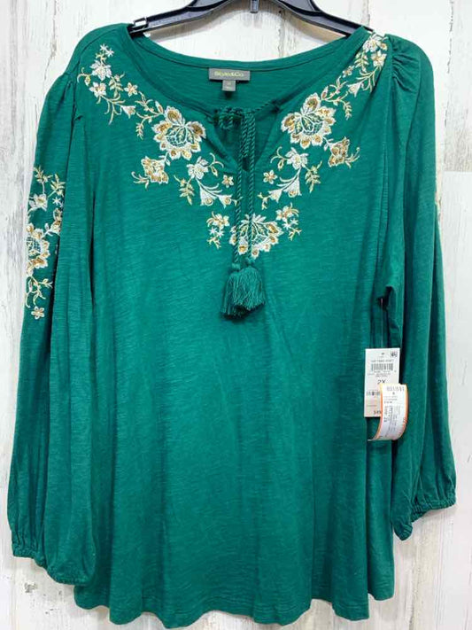 NWT STYLE & CO/EMBROIDERED LONG SLEEVE TASSLE TIE NECK PEASANT TOP