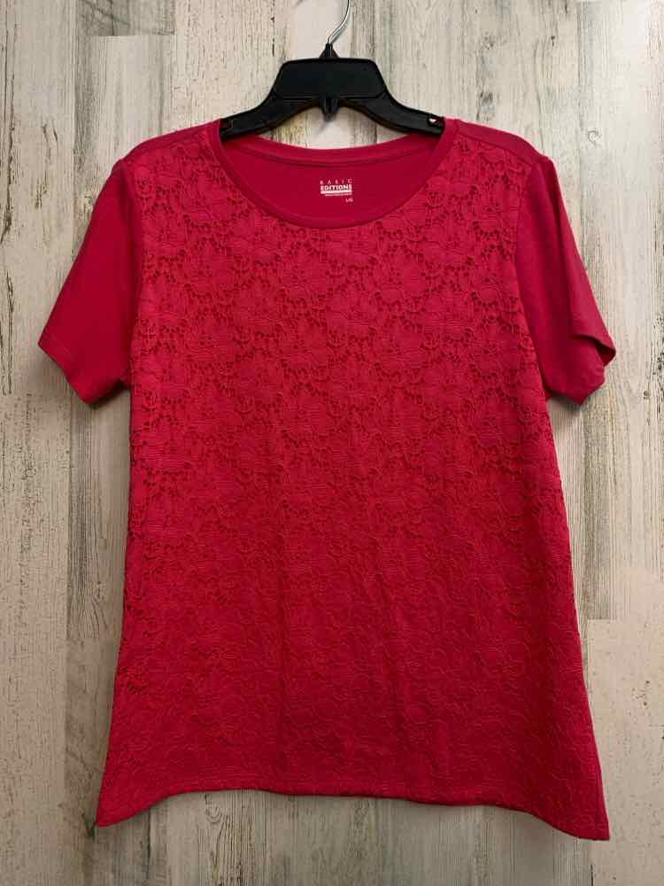 BASIC EDITIONS Tops Size L HOT PINK Lace SHORT SLEEVES TOP