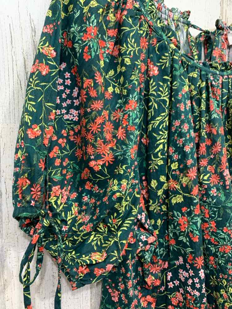 PRE-OWNED LOFT Tops Size XL GRN/WHT/PNK Floral PUFF SLEEVES Blouse
