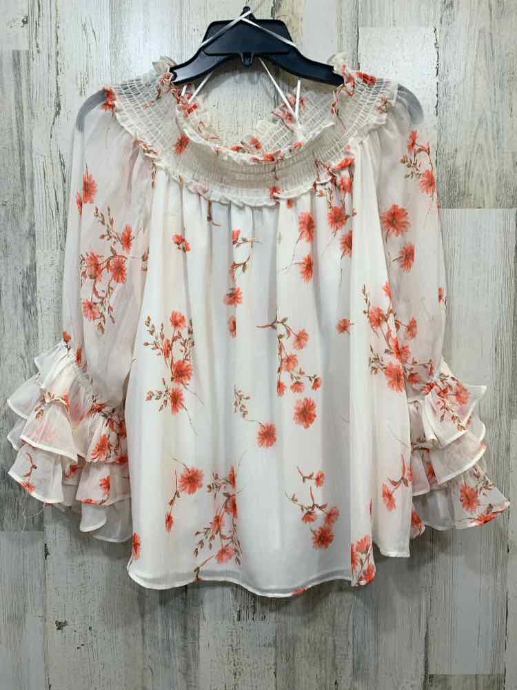 PRE-OWNED CE CE Tops Size L WHITE/CORAL FLOWERS OFF THE SHOULDER TOP/WHITE/CORAL