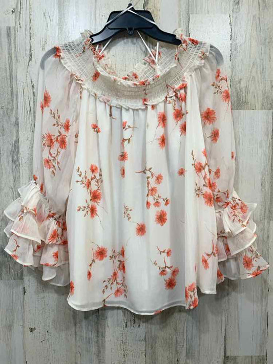 PRE-OWNED CE CE Tops Size L WHITE/CORAL FLOWERS OFF THE SHOULDER TOP/WHITE/CORAL