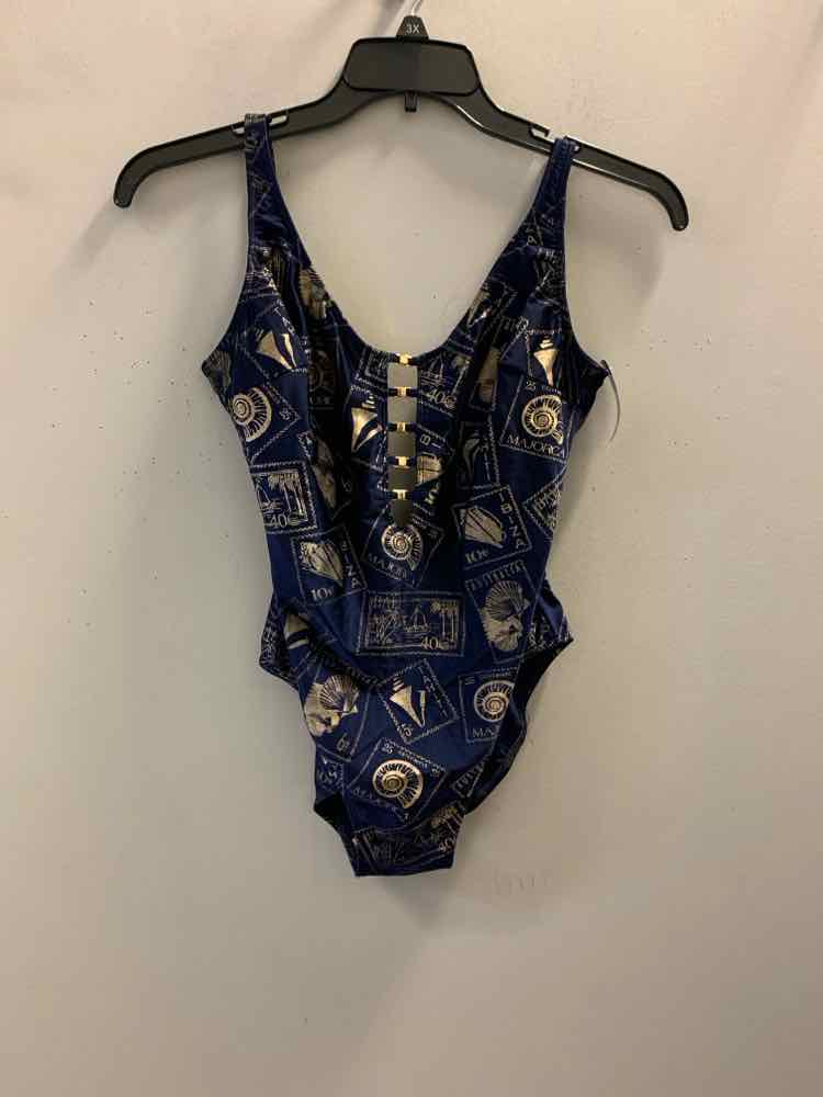 LA BLANCA Swimwear Size 16 NVY/GOLD SEASHELLS SPAGHETTI STRAP Swimsuit