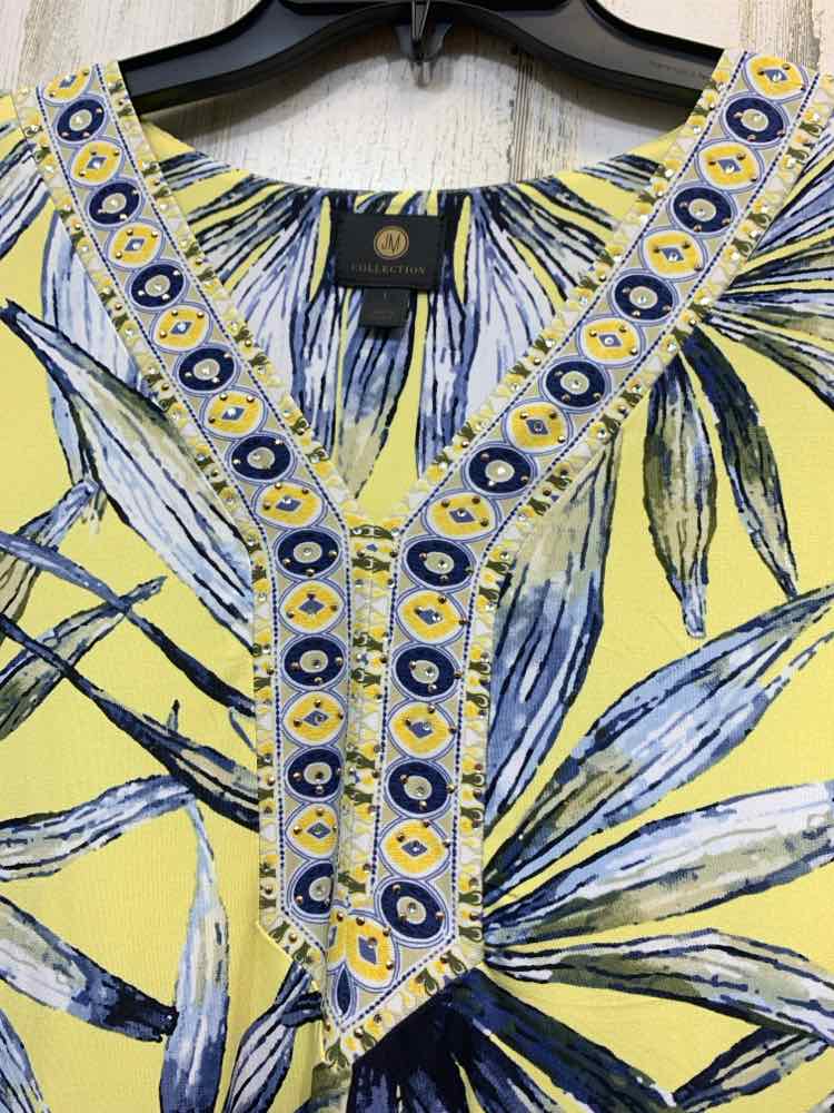 PRE-OWNED JM COLLECTION Tops Size L YELLOW/NAVY TROPICAL 3/4 SLEEVE Cardigan/YEL