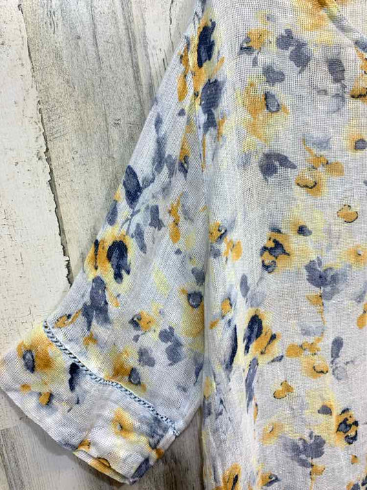 PRE-OWNED PUREJILL Tops Size L WHITE/BLUE/YELLOW Floral 3/4 SLEEVE Blouse