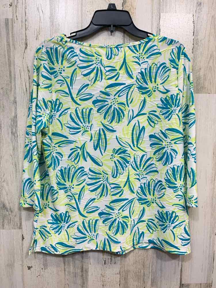 PRE-OWNED EMILY DANIELS Tops Size M GRN/WHT/TEAL Floral 3/4 SLEEVE Blouse