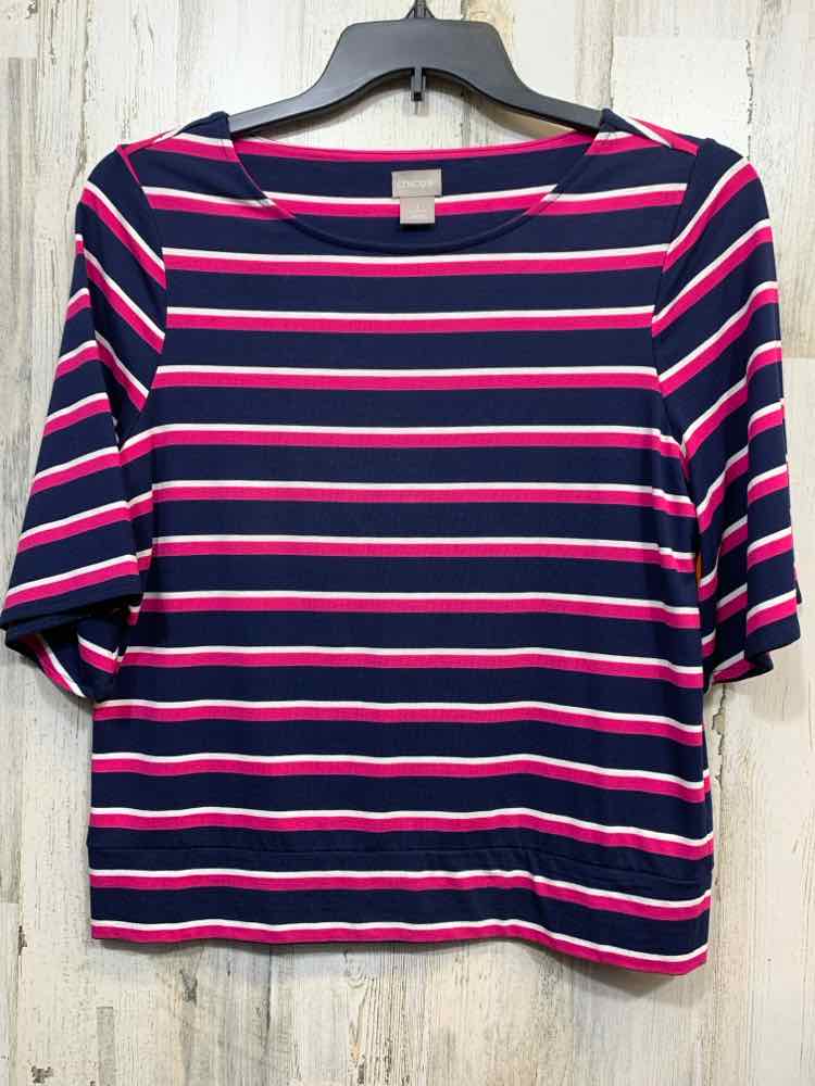 PRE-OWNED CHICO'S Size 1 Tops NVY/WHT/PNK Stripe SHORT SLEEVES SCOOP NECKLINE
