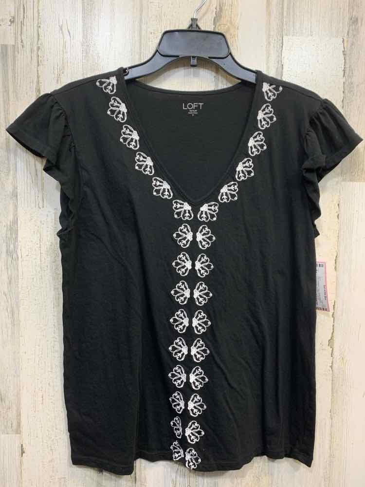 PRE-OWNED LOFT Tops Size M BLACK/WHITE Embroidered SHORT SLEEVES Shirt/BLACK RUF