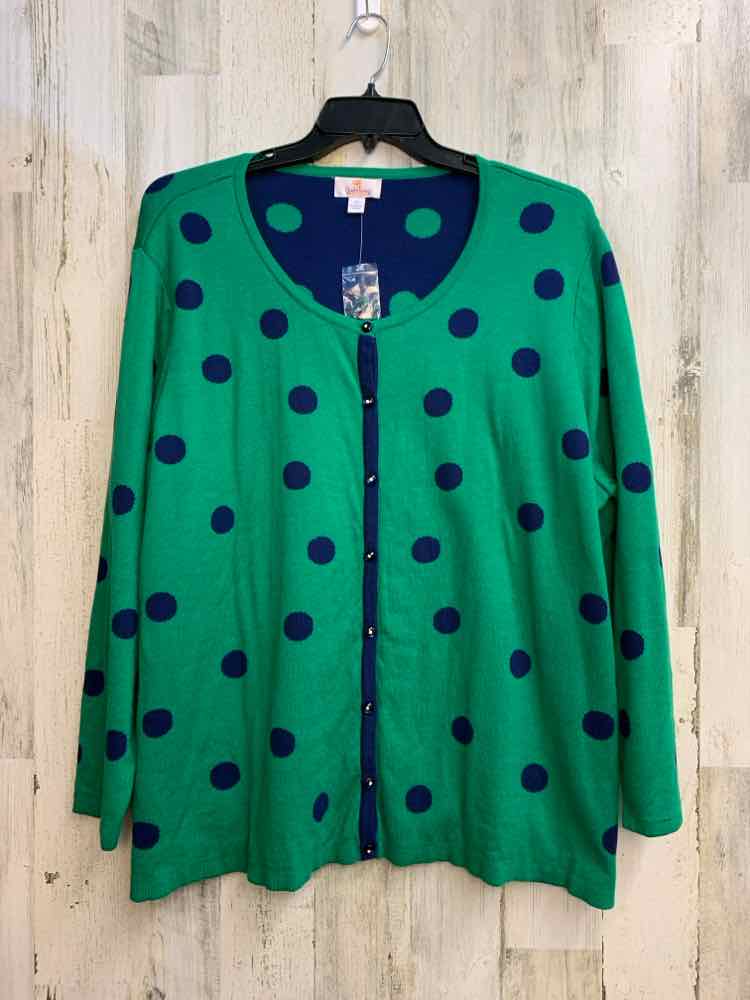 NWT QUAKER FACTORY PLUS SIZES Size 3X GRN/BLU Polka Dot CARDIGAN Sweater