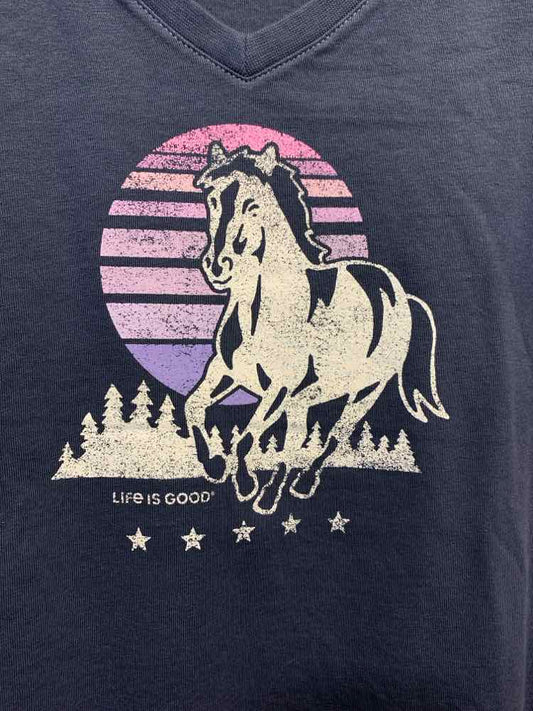 PRE-OWNED LIFE IS GOOD Tops Size L NAVY/PNK/PUR VNECK T-shirt/HORSE ON FRONT