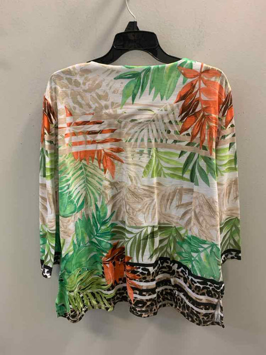 ALFRED DUNNER PLUS SIZES Size 2X ORG/GRN/BEG/WHT LEAVES/LEOPARD 3/4 LENGTH TOP
