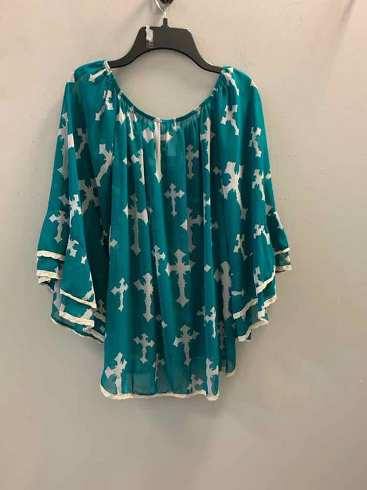 2 B TOGETHER Tops Size S TEAL/WHT SHEER CROSS OFF THE SHOULDER TOP
