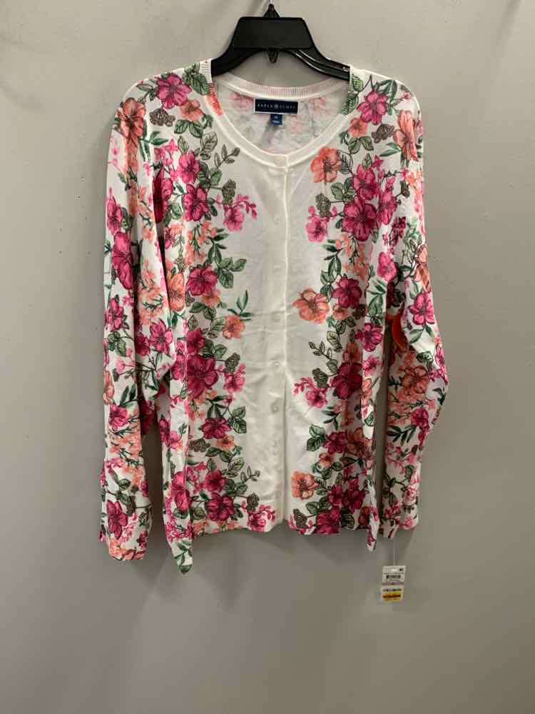 NWT KAREN SCOTT PLUS SIZES Size 1X WHT/GRN/PNK Floral LONG SLEEVES Cardigan