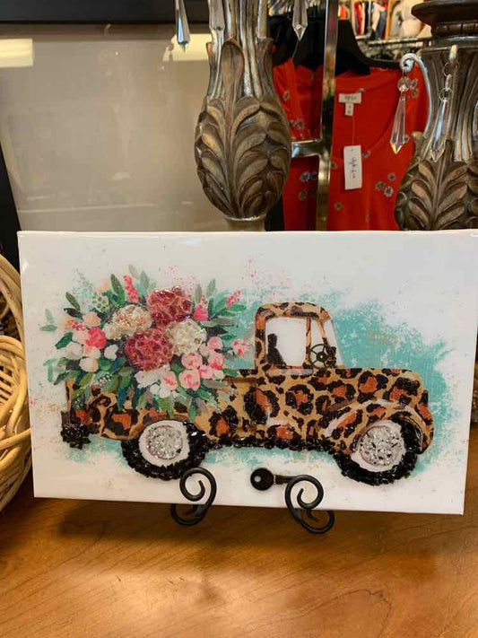 PICTURE/ 16 X 10 RESIN CHEETAH PRINT TRUCK W/ FLOWERS