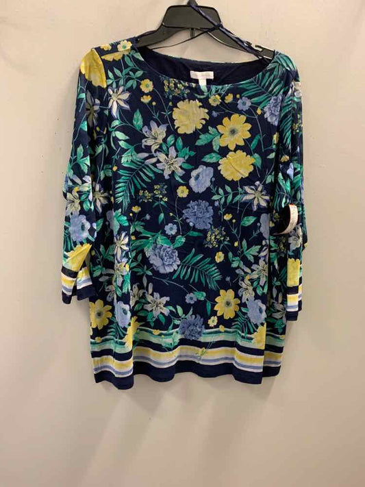 NWT CHARTER CLUB PLUS SIZES Size 2X NVY/GRN/BLU/WHT Floral 3/4 LENGTH TOP
