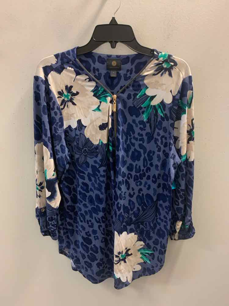 JM COLLECTION PLUS SIZES Size 1X BLU/CREAM FLORAL/LEOPARD 3/4 LENGTH TOP