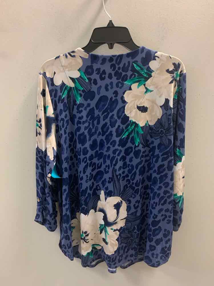 JM COLLECTION PLUS SIZES Size 1X BLU/CREAM FLORAL/LEOPARD 3/4 LENGTH TOP