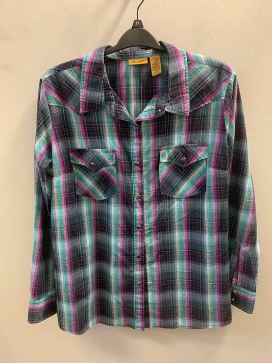 WRANGLER PLUS SIZES Size XXL BLK/TEAL/PUR Plaid LONG SLEEVES TOP