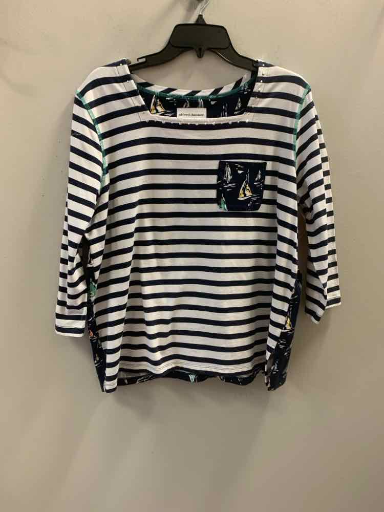 ALFRED DUNNER Tops Size L NVY/WHT/GRN Stripe 3/4 SLEEVE TOP