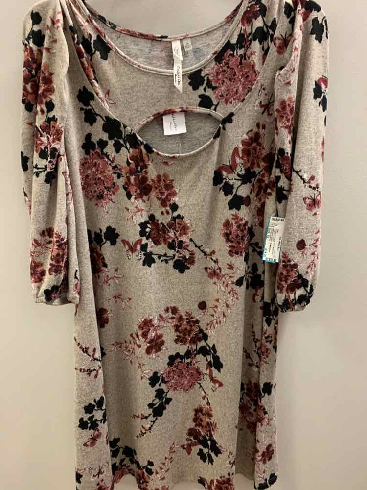 Size 2X NY COLLECTION GRAY/MAROON Floral 3/4 LENGTH Dress