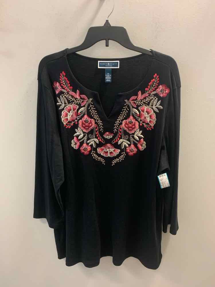 KAREN SCOTT PLUS SIZES Size 2X BLK/PINK Floral 3/4 LENGTH TOP