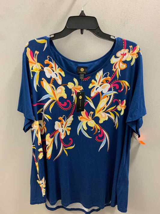 NWT JM COLLECTION PLUS SIZES Size 3X NVY/WHT/YLW/PNK Floral SHORT SLEEVES TOP