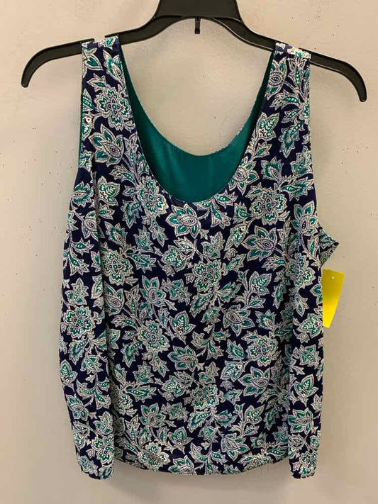 PRE-OWNED Tops Size L BLU/GRN/WHT LEAVES SLEEVELESS TOP