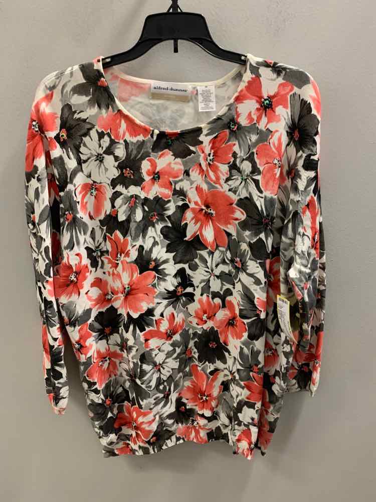 ALFRED DUNNER Size 1X BLK/GRY/SALMON/WHT FLOWERS 3/4 SLEEVE TOP