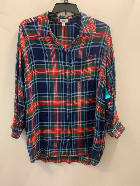 CROWN & IVY PLUS SIZES Size 1X BLU/RED/GRN Plaid LONG SLEEVES TOP