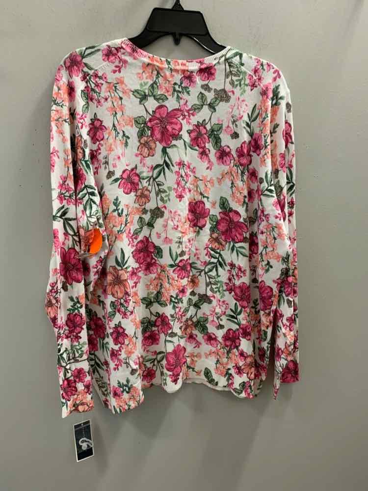 NWT KAREN SCOTT PLUS SIZES Size 1X WHT/GRN/PNK Floral LONG SLEEVES Cardigan