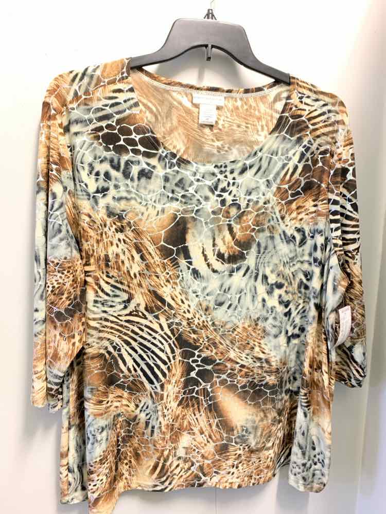 PRE-OWNED REBECCA MALONE PLUS SIZES Size 2X BRN/BLK/BGE/SLV Print 3/4 SLEEVE TOP