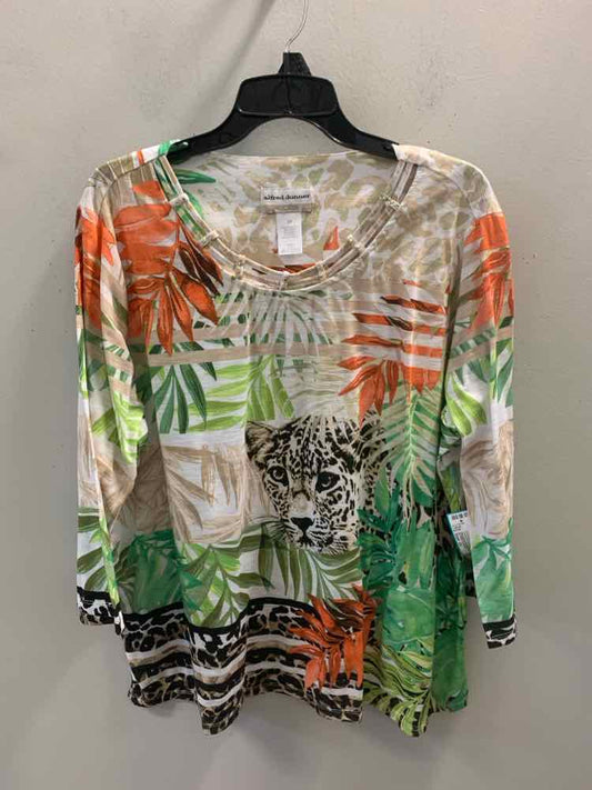 ALFRED DUNNER PLUS SIZES Size 2X ORG/GRN/BEG/WHT LEAVES/LEOPARD 3/4 LENGTH TOP