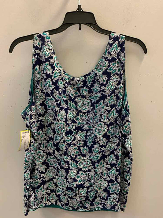 PRE-OWNED Tops Size L BLU/GRN/WHT LEAVES SLEEVELESS TOP